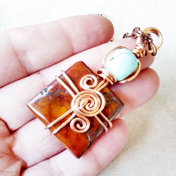 Gorgeous Color Combo! Unique Brown Jasper & Turquoise Howlite + Copper Necklace - Picture 3 of 6